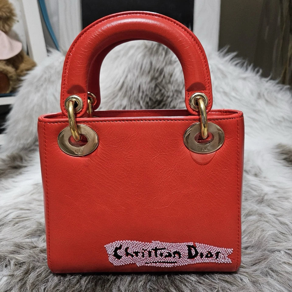 $6,000 Christian Dior Lady Dior Mini Red Sequin Embellished Calfskin Leather Bag