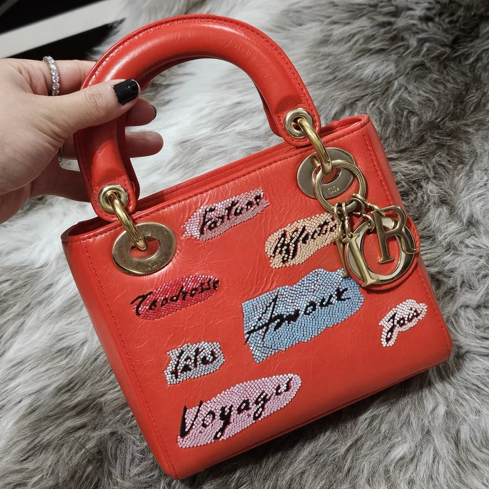 $6,000 Christian Dior Lady Dior Mini Red Sequin Embellished Calfskin Leather Bag