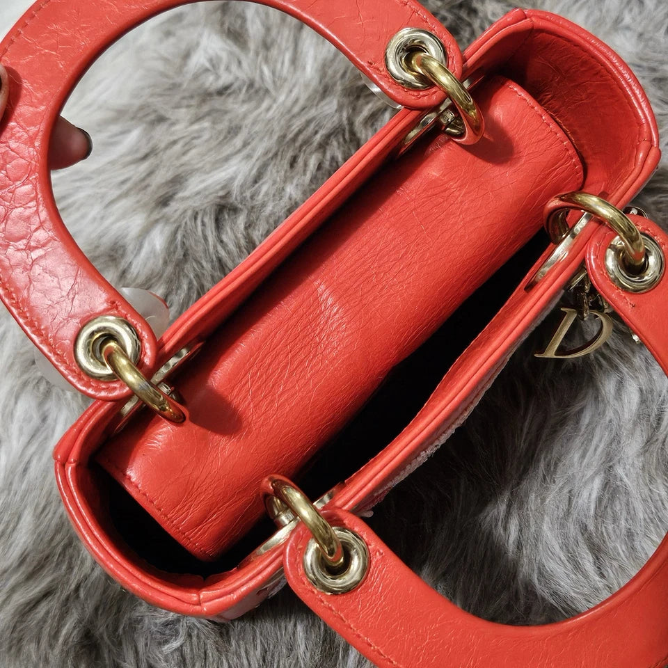 $6,000 Christian Dior Lady Dior Mini Red Sequin Embellished Calfskin Leather Bag
