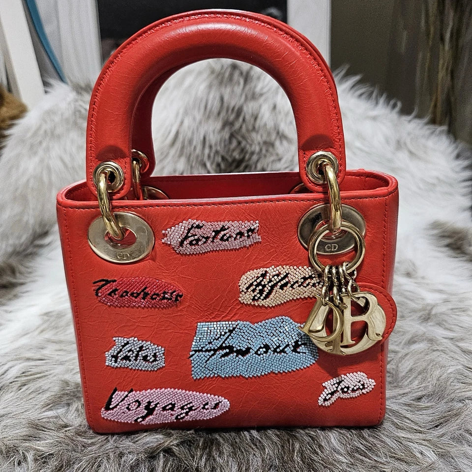 $6,000 Christian Dior Lady Dior Mini Red Sequin Embellished Calfskin Leather Bag
