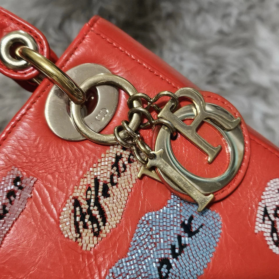 $6,000 Christian Dior Lady Dior Mini Red Sequin Embellished Calfskin Leather Bag