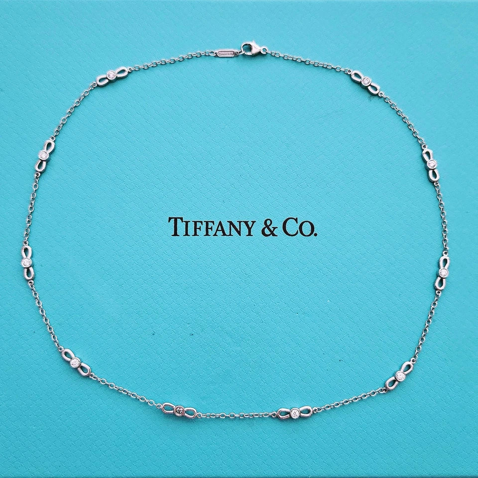 $6,000 Tiffany & Co. Bow Winged Station 0.7 CTW Diamond 18k White Gold Necklace