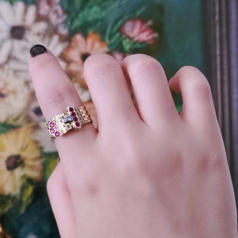 Vintage Tiffany & Co. 14k YG Platinum Diamond Ruby Mesh Bucker Adjustable Ring