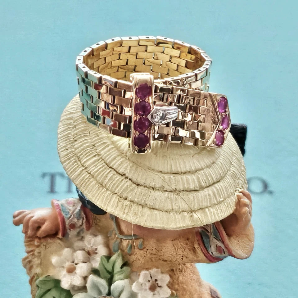 Vintage Tiffany & Co. 14k YG Platinum Diamond Ruby Mesh Bucker Adjustable Ring