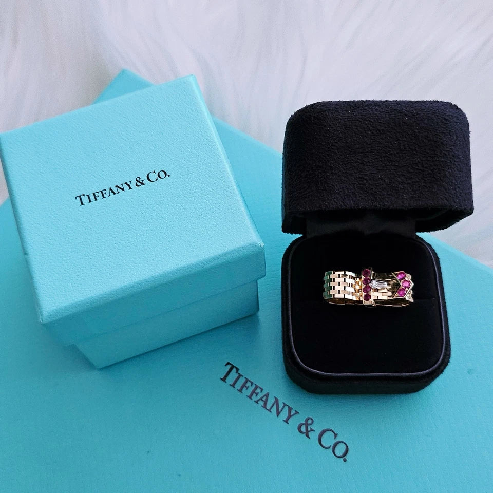 Vintage Tiffany & Co. 14k YG Platinum Diamond Ruby Mesh Bucker Adjustable Ring