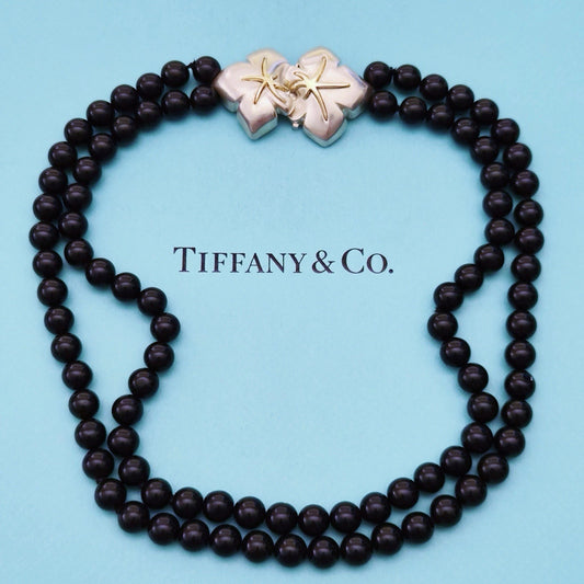 RARE Vintage Tiffany & Co. Black Onyx Bead Starfish 18K Gold Silver Necklace