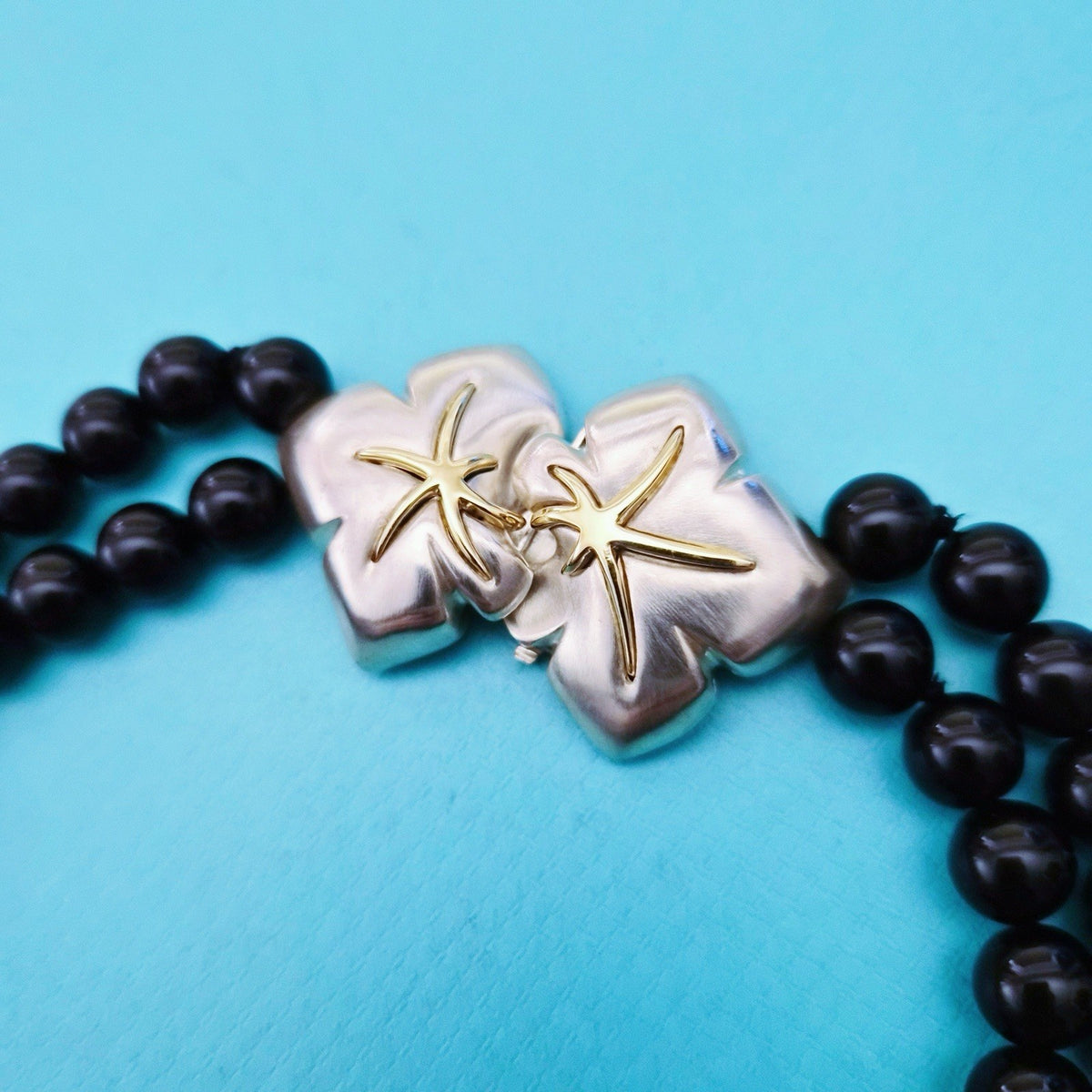 RARE Vintage Tiffany & Co. Black Onyx Bead Starfish 18K Gold Silver Necklace