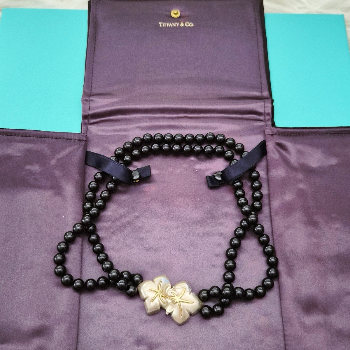 RARE Vintage Tiffany & Co. Black Onyx Bead Starfish 18K Gold Silver Necklace