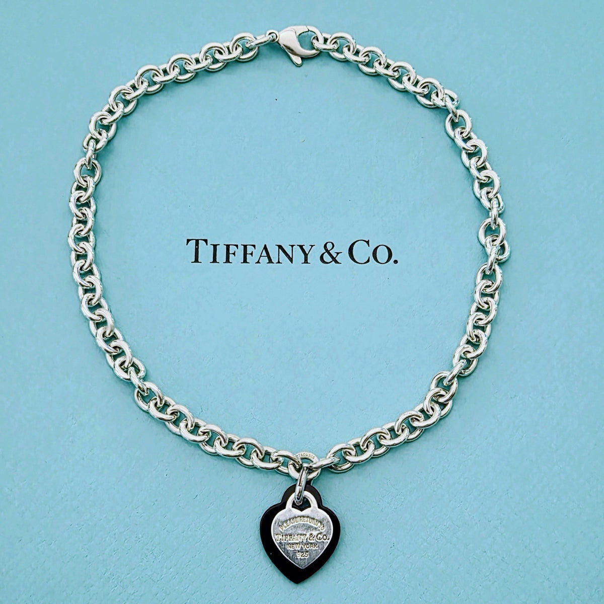 RARE Tiffany & Co. RTT Silver Heart Tag x Onyx Heart Removable Pendant Necklace