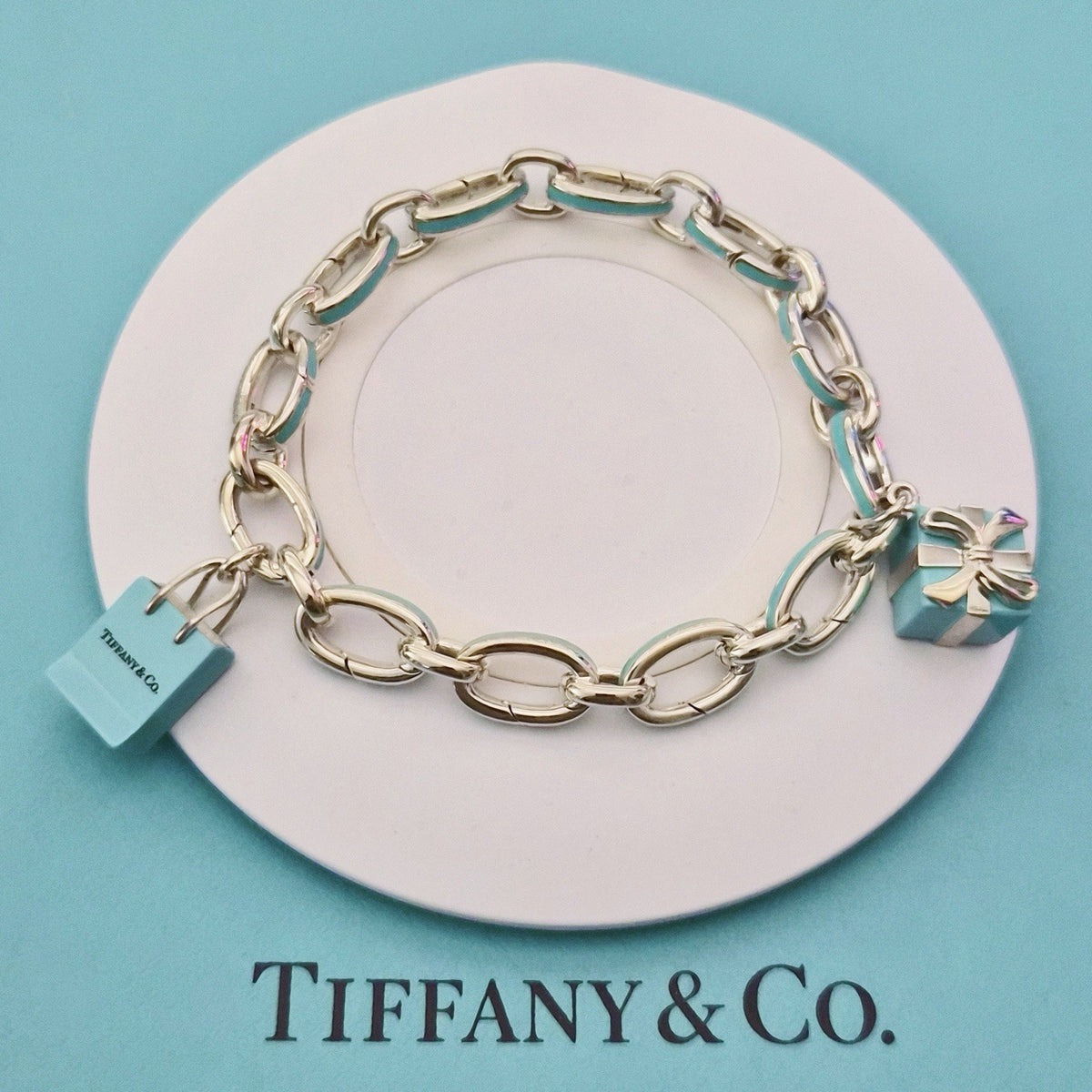 RARE Tiffany & Co Blue Enamel Clasping Oval Link Silver Bracelet w/ Charms