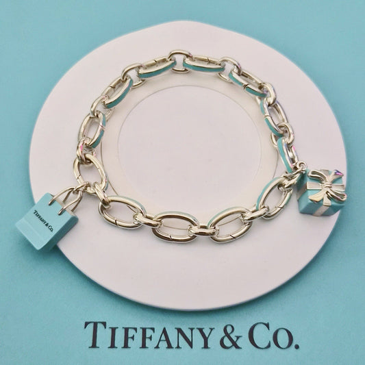 RARE Tiffany & Co Blue Enamel Clasping Oval Link Silver Bracelet w/ Charms