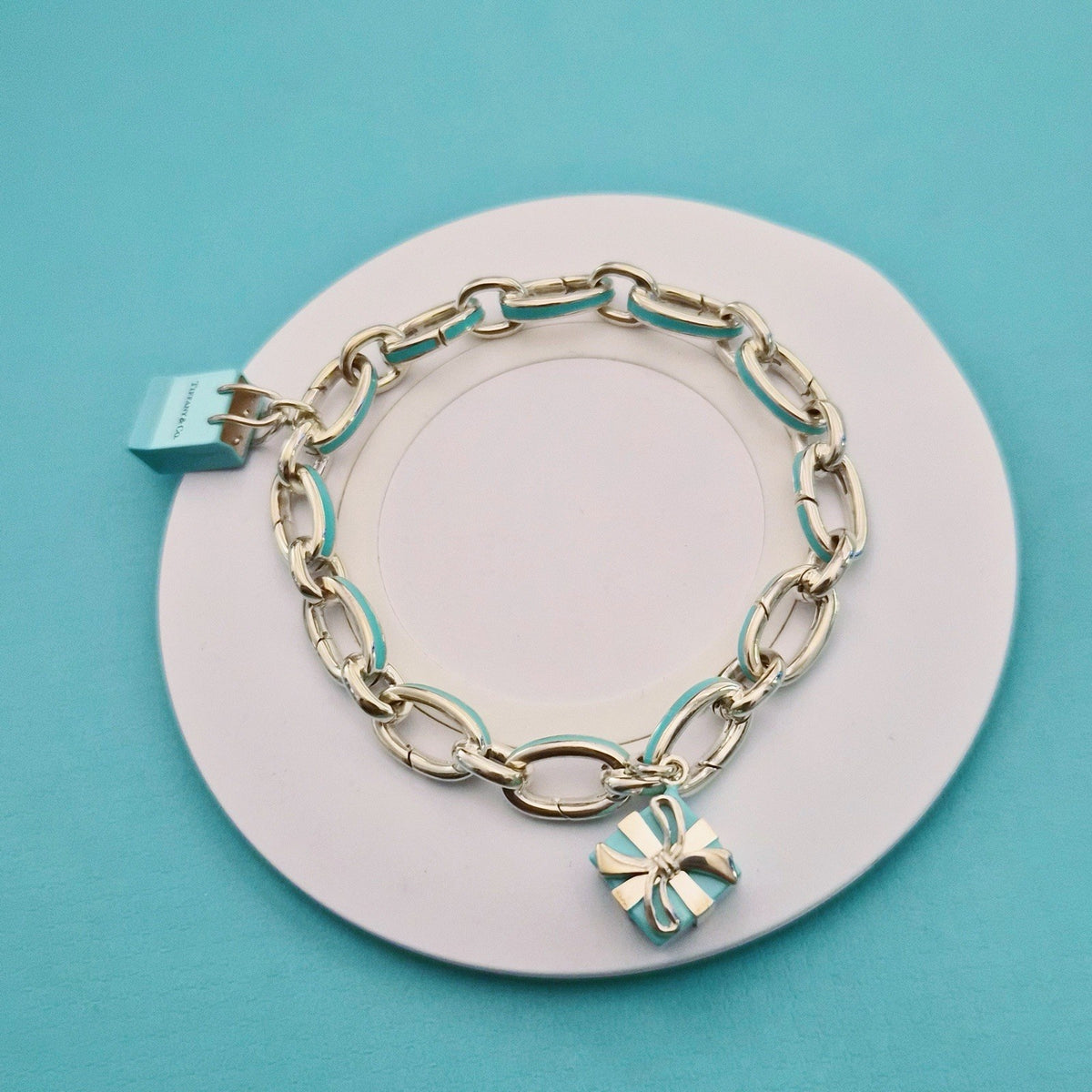 RARE Tiffany & Co Blue Enamel Clasping Oval Link Silver Bracelet w/ Charms