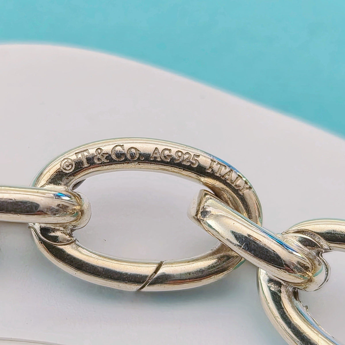 RARE Tiffany & Co Blue Enamel Clasping Oval Link Silver Bracelet w/ Charms