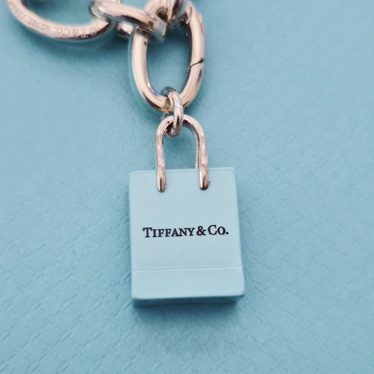 RARE Tiffany & Co Blue Enamel Clasping Oval Link Silver Bracelet w/ Charms