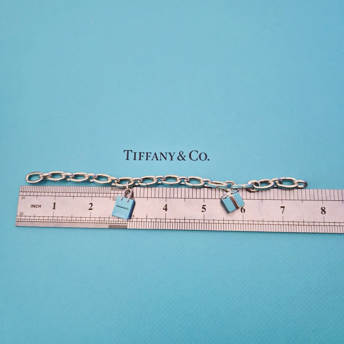 RARE Tiffany & Co Blue Enamel Clasping Oval Link Silver Bracelet w/ Charms