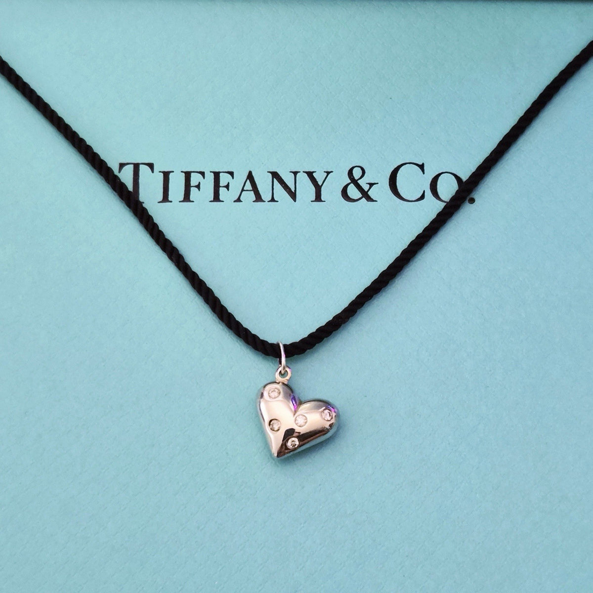 RARE Tiffany & Co. Etoile 5 Diamond Heart Pendant Black Silk Cord Necklace