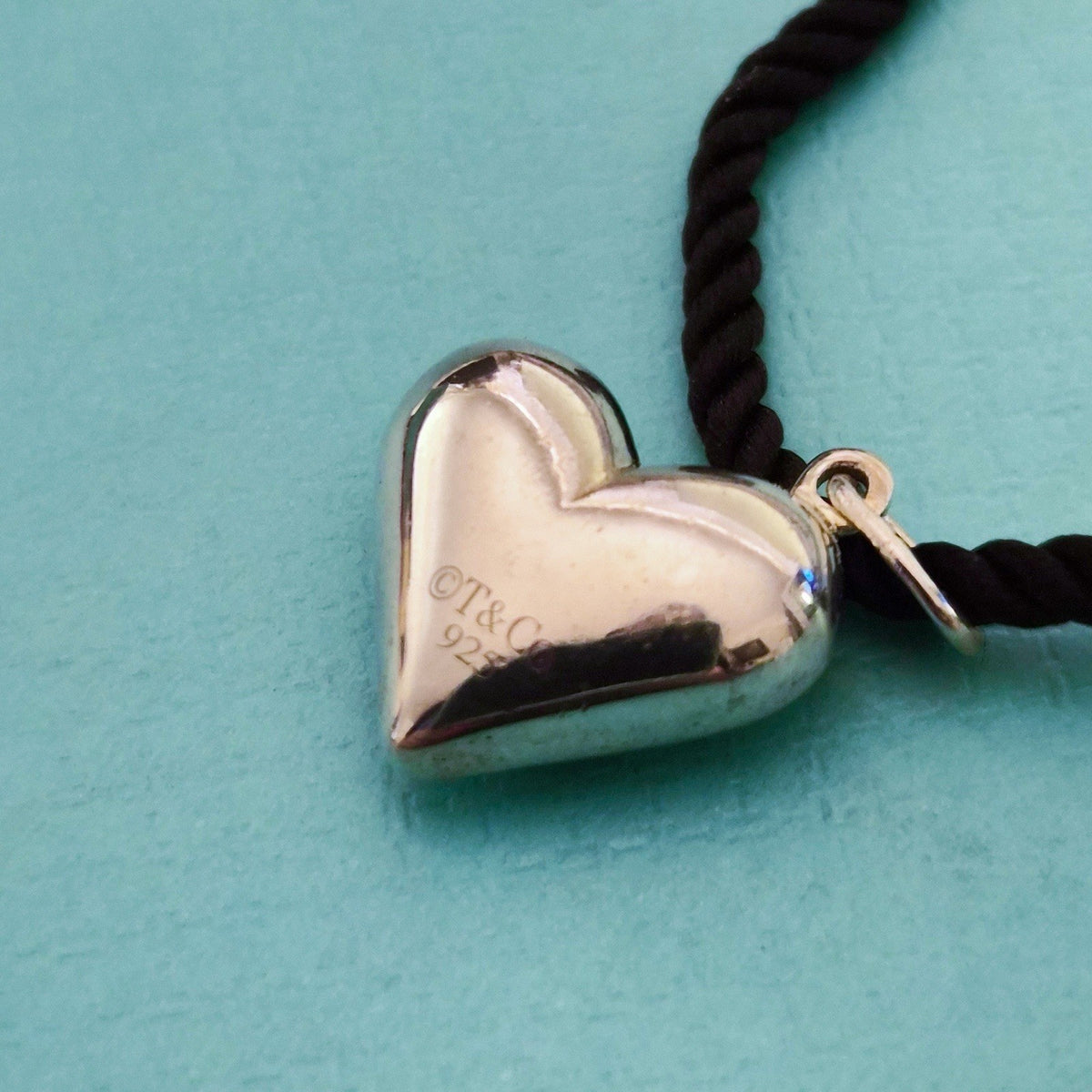 RARE Tiffany & Co. Etoile 5 Diamond Heart Pendant Black Silk Cord Necklace