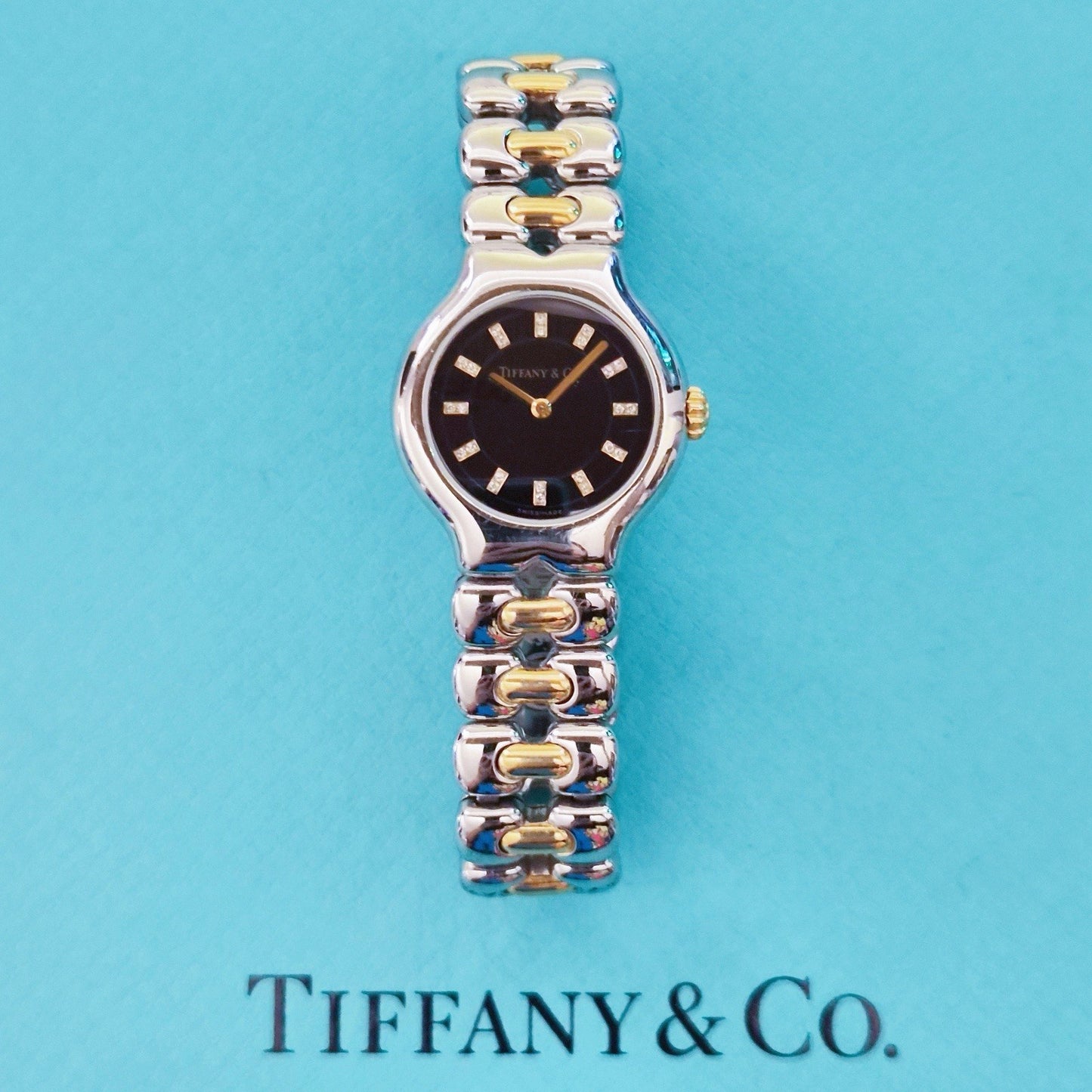 Vintage Tiffany & Co. Tesoro Diamond Black Dial 18K Gold Stainless Steel Quartz