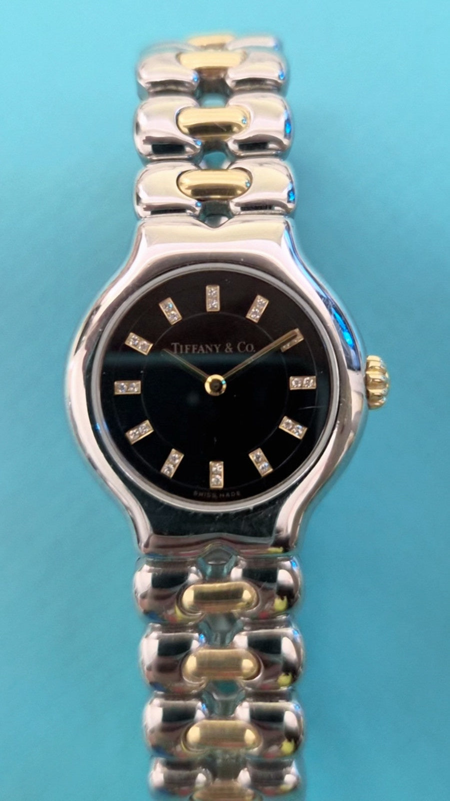 Vintage Tiffany & Co. Tesoro Diamond Black Dial 18K Gold Stainless Steel Quartz