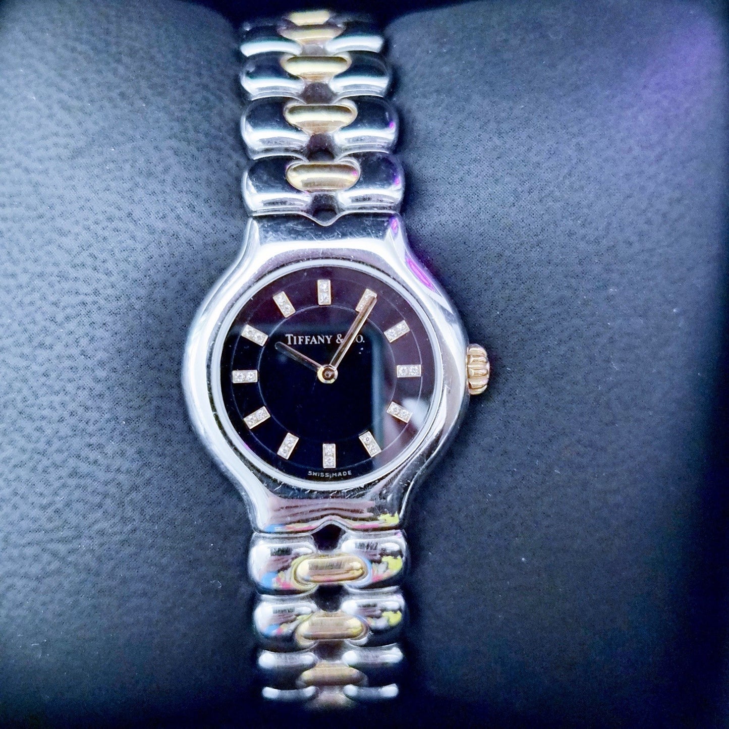 Vintage Tiffany & Co. Tesoro Diamond Black Dial 18K Gold Stainless Steel Quartz