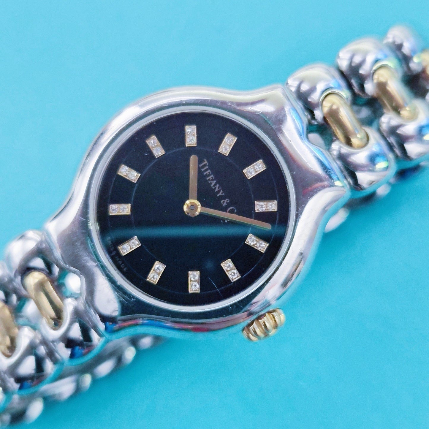 Vintage Tiffany & Co. Tesoro Diamond Black Dial 18K Gold Stainless Steel Quartz