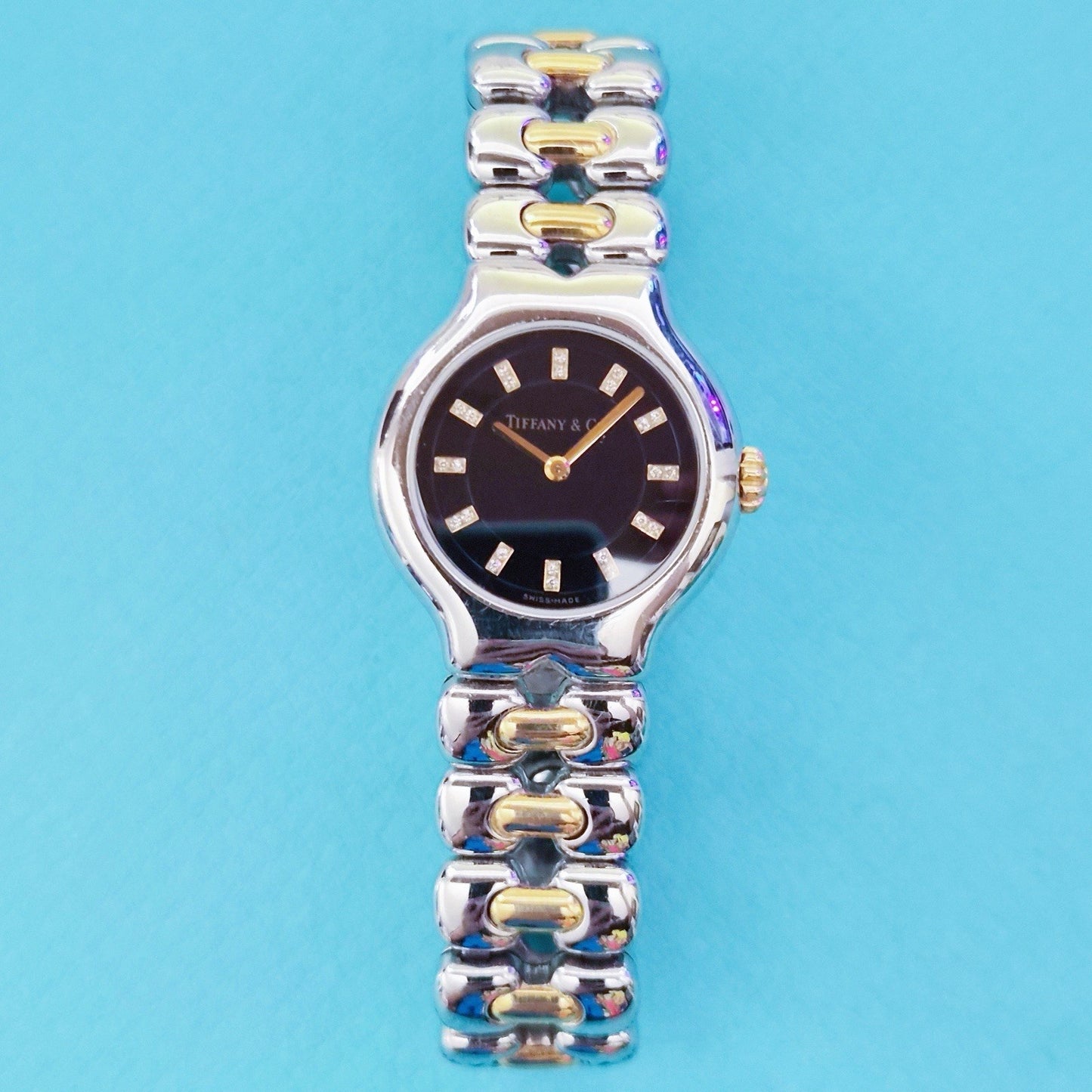 Vintage Tiffany & Co. Tesoro Diamond Black Dial 18K Gold Stainless Steel Quartz