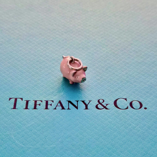 RARE Retired Tiffany & Co. Pink Enamel Pig Piggy Sterling Silver Charm Pendant