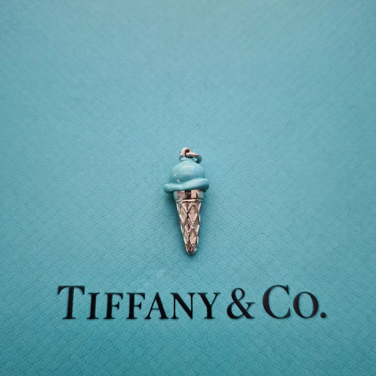RARE Retired Tiffany & Co. Blue Enamel Ice Cream Cone Silver Charm Pendant