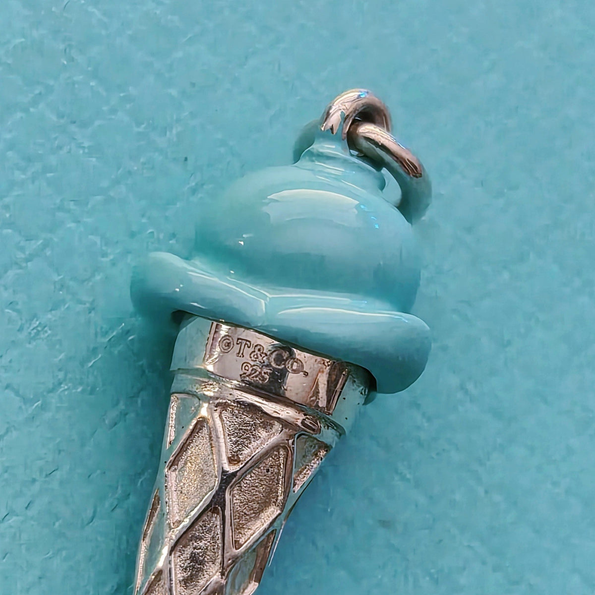 RARE Retired Tiffany & Co. Blue Enamel Ice Cream Cone Silver Charm Pendant