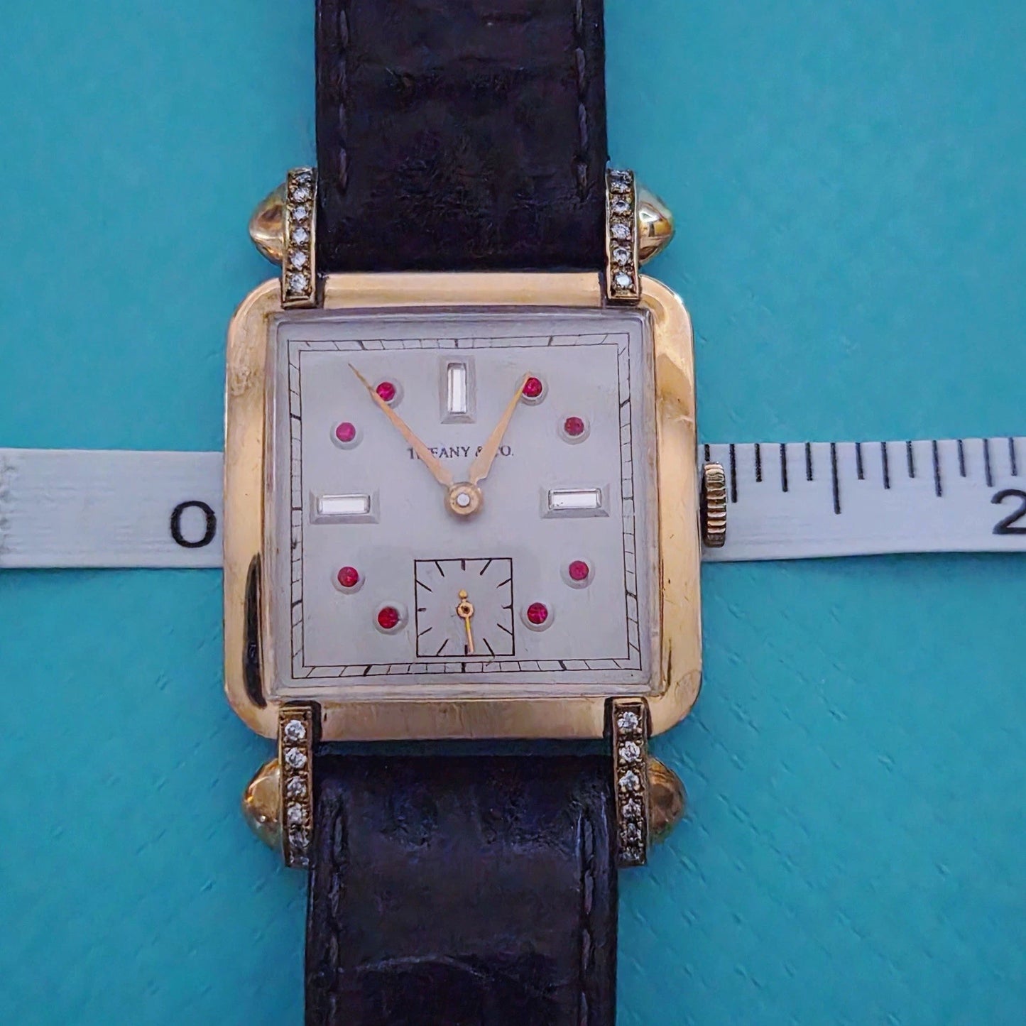 Vintage Tiffany & Co. Square Watch Ruby Diamond Dial Manual Winding Circa 1950