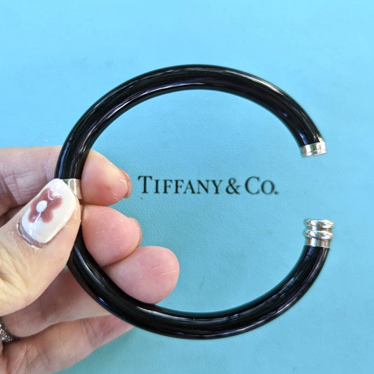 RARE Tiffany & Co Black Enamel Silver Hinge Cuff Bangle Bracelet