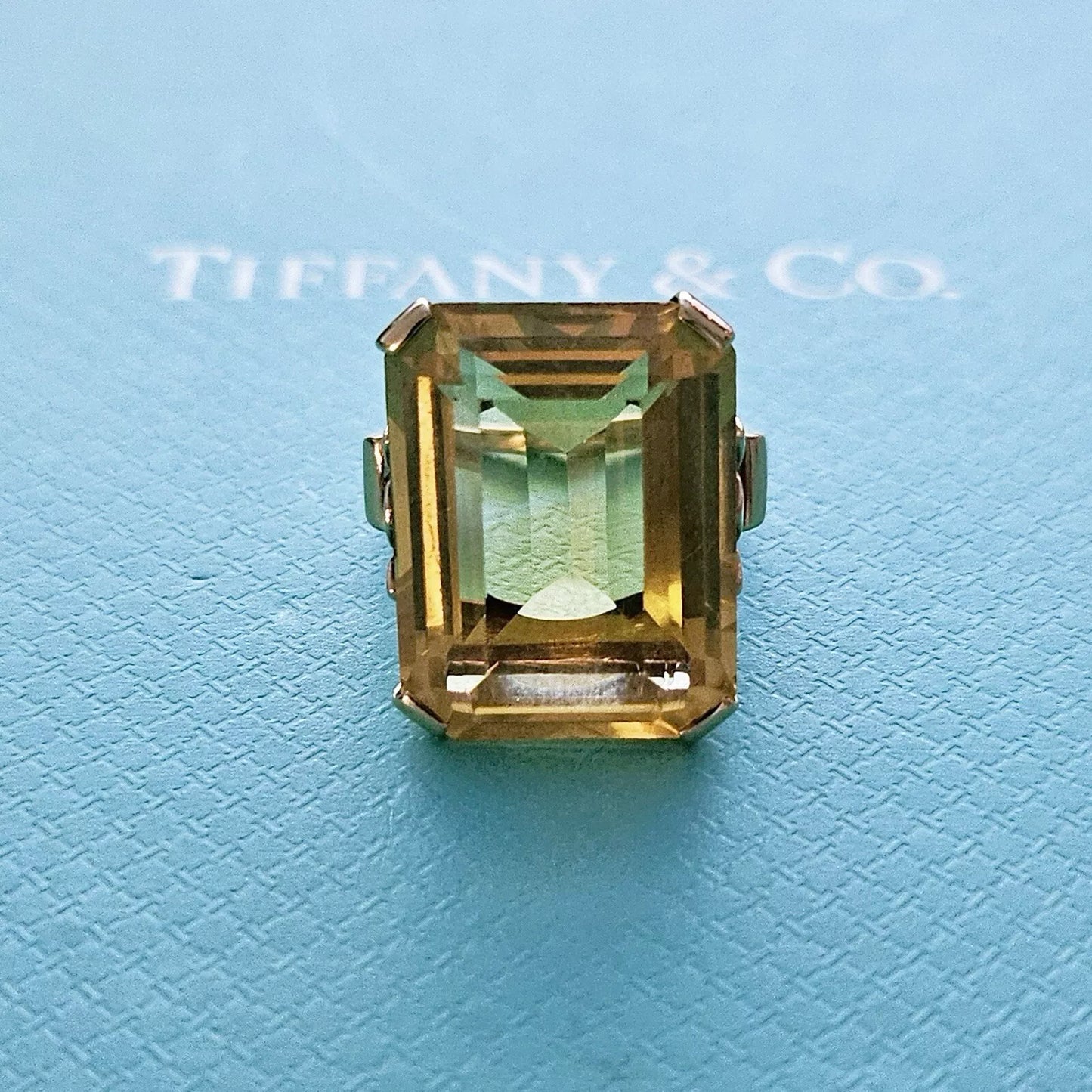 Vintage Tiffany & Co. 18.5 Ct Sparkler Emeral Cut Citrine 14k Gold Cocktail Ring