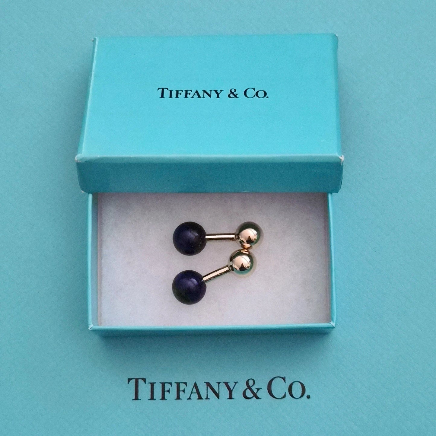 RARE Vintage Tiffany & Co 14k Yellow Gold Barbell Cufflinks with Lapis Lazuli