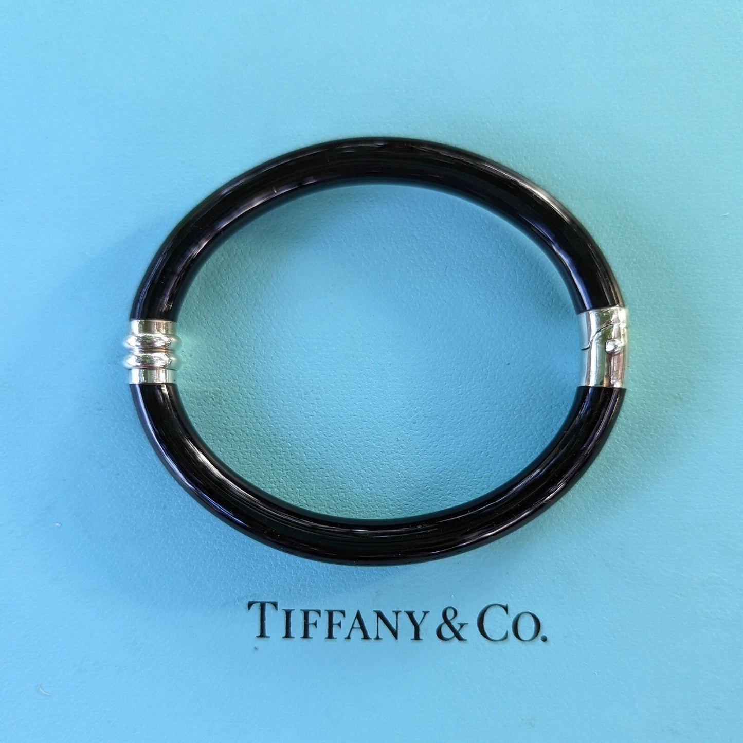 RARE Tiffany & Co Black Enamel Silver Hinge Cuff Bangle Bracelet