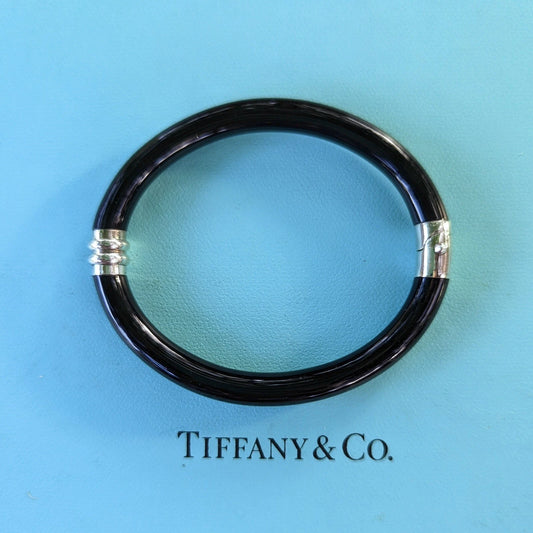 RARE Tiffany & Co Black Enamel Silver Hinge Cuff Bangle Bracelet