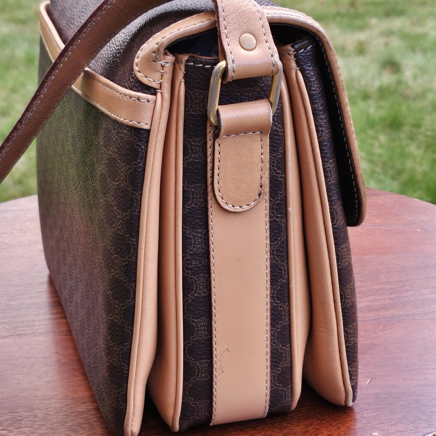 Vintage Celine Macadam Triomphe Pattern Logo Leather Coated Canvas Crossbody Bag