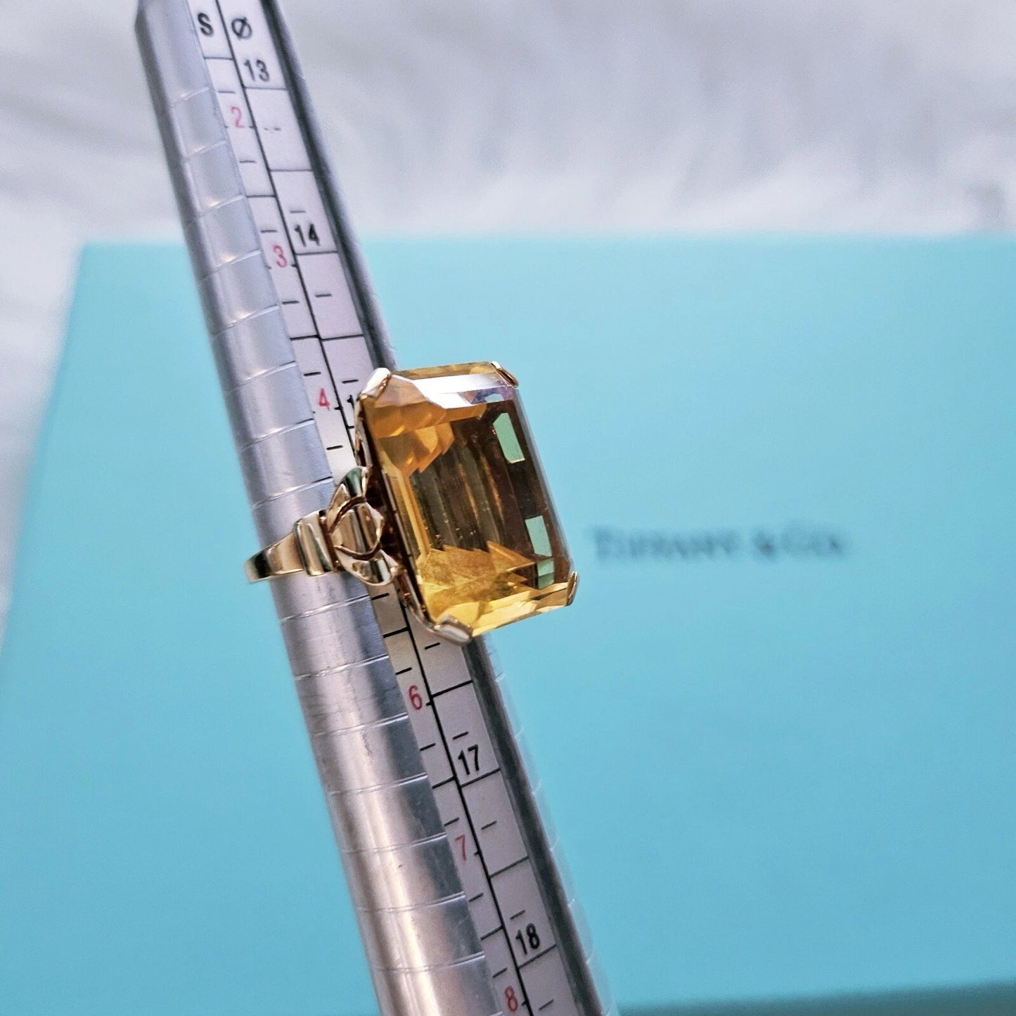 Vintage Tiffany & Co. 18.5 Ct Sparkler Emeral Cut Citrine 14k Gold Cocktail Ring