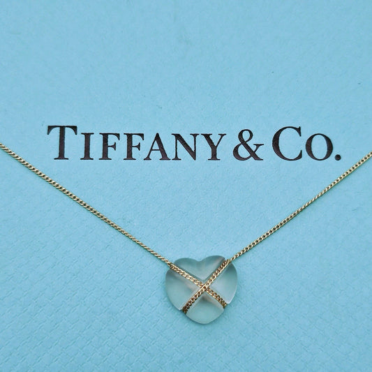 RARE Vintage Tiffany & Co. 18k Yellow Gold Rock Crystal Cross Heart Necklace