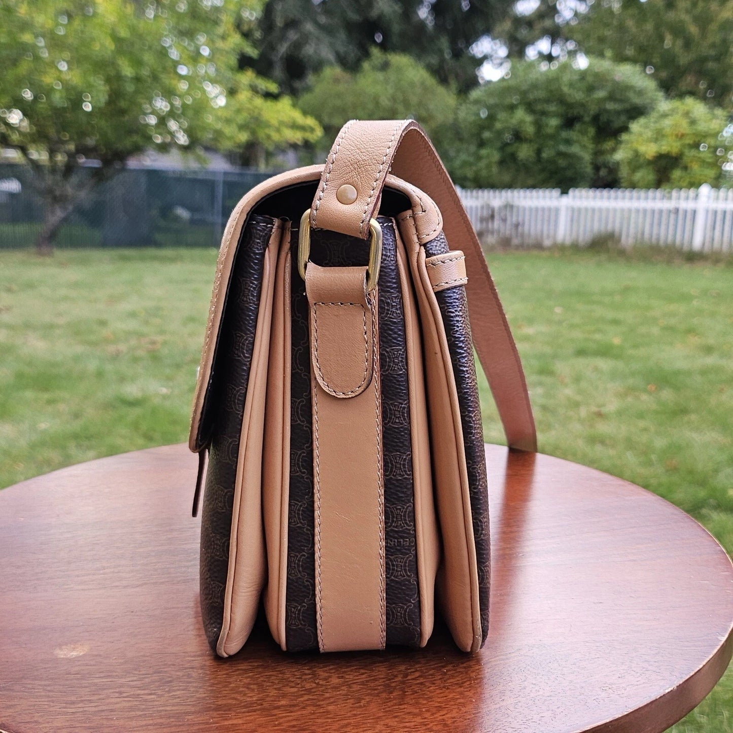 Vintage Celine Macadam Triomphe Pattern Logo Leather Coated Canvas Crossbody Bag