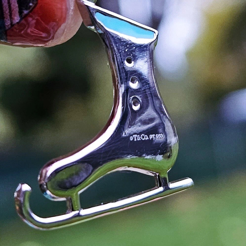 RARE Tiffany & Co. Ice Skates Shoes Platinum Diamond White Enamel Charm Pendant