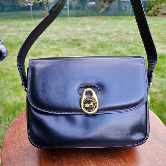 Vintage CELINE Horse Carriage Black Italy Leather Shoulder Bag