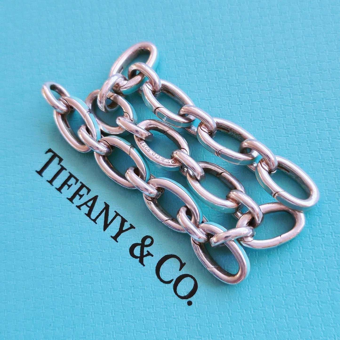 RARE Tiffany & Co Blue Enamel Clasping Oval Link Bracelet Sterling Silver 7.5"