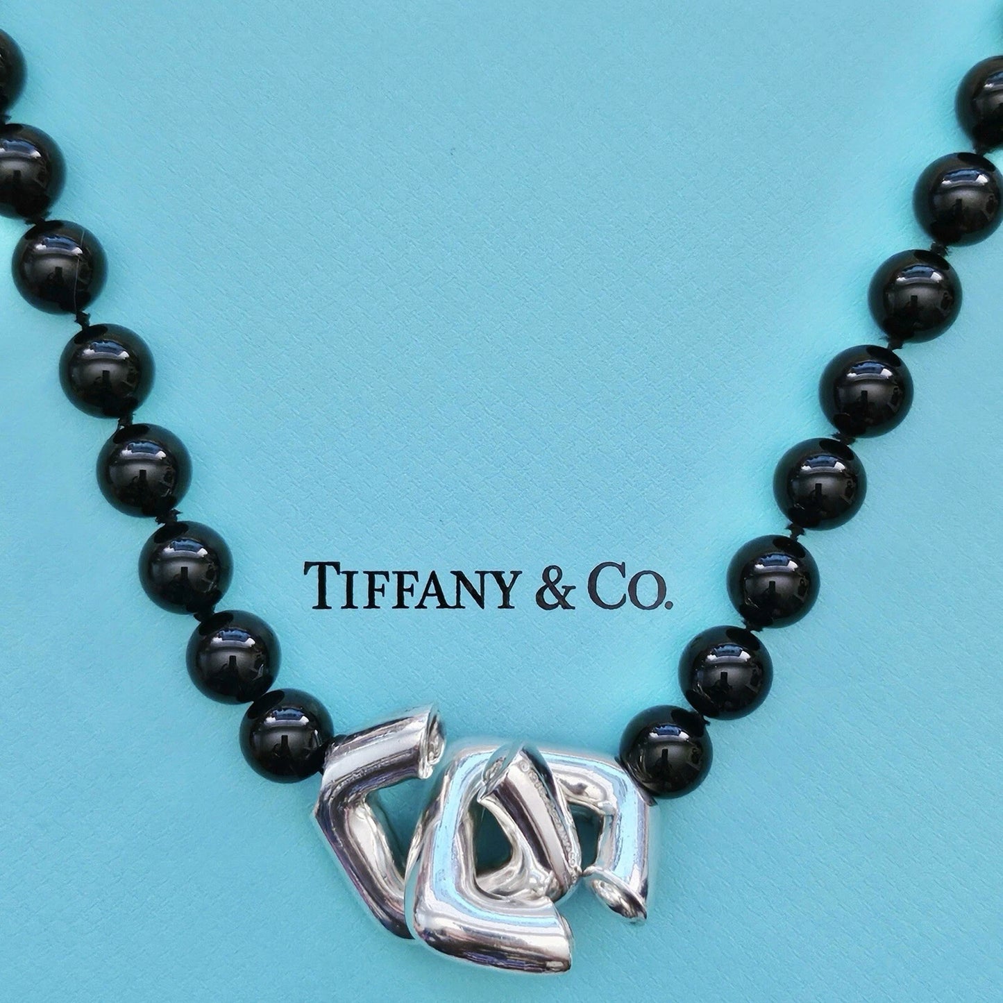 Vintage 1986 Tiffany & Co Paloma Picasso Silver Square Toggle Onyx Bead Necklace