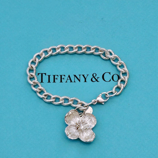 RARE Vintage Tiffany & Co. Dogwood Flower Sterling Silver Charm Bracelet 7”