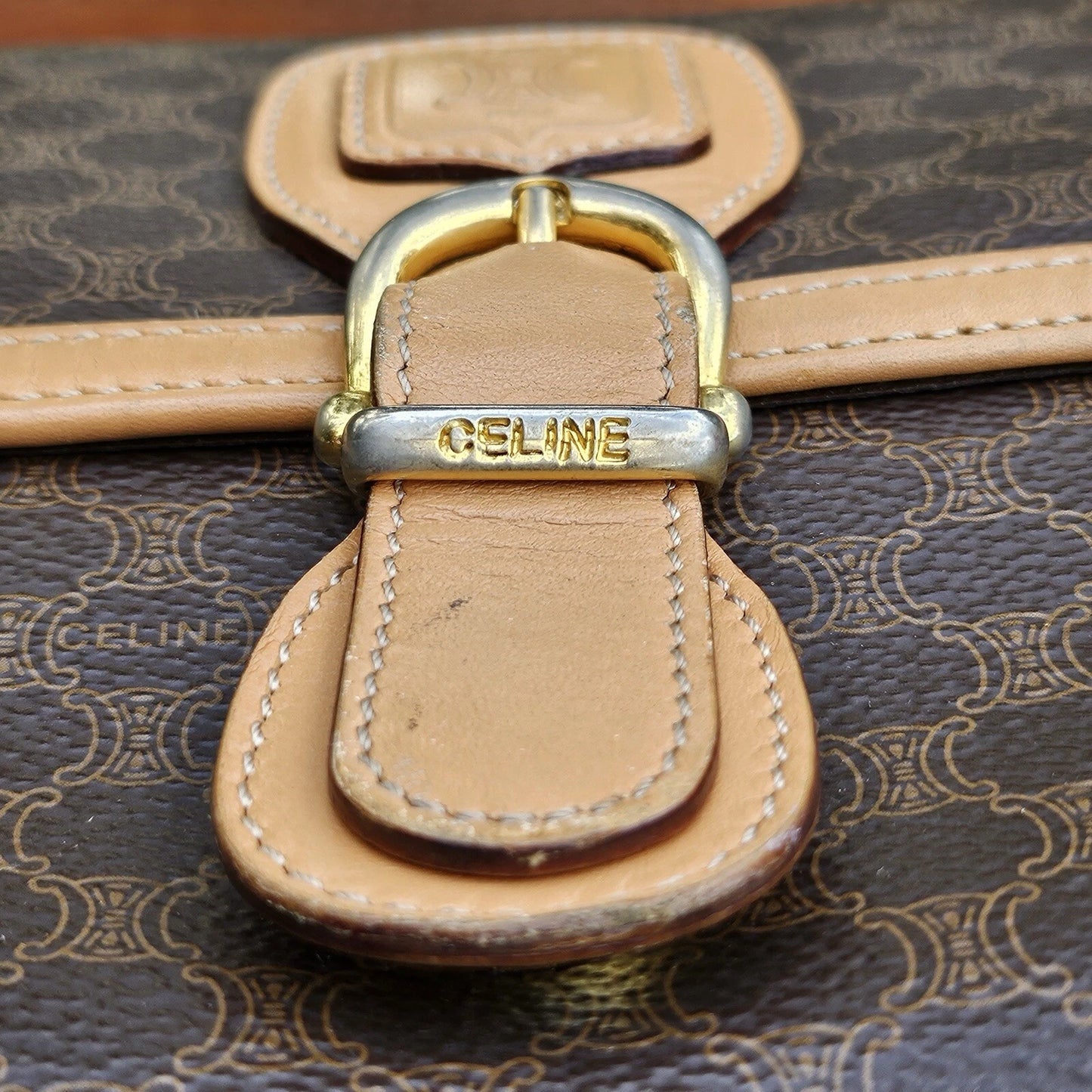 Vintage Celine Macadam Triomphe Pattern Logo Leather Coated Canvas Crossbody Bag
