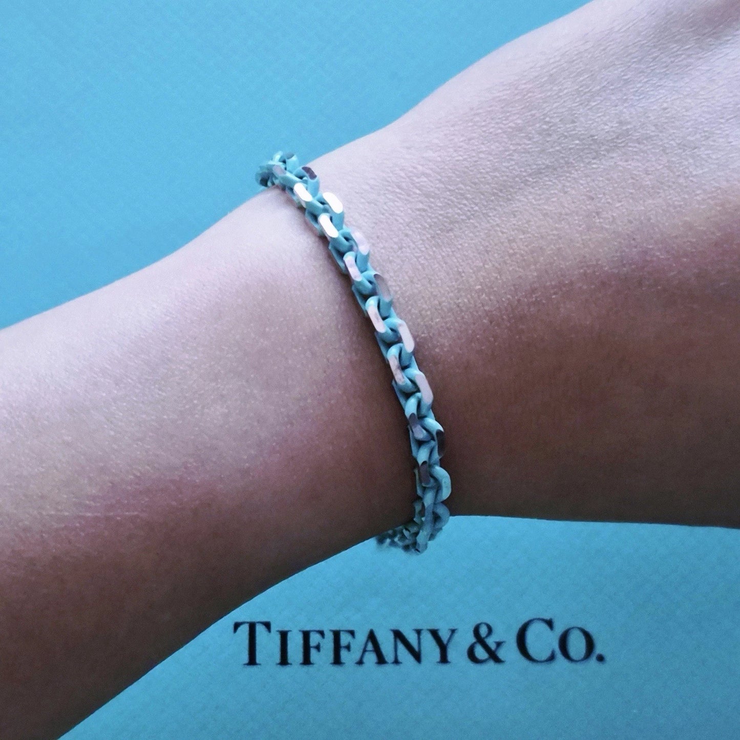 RARE Tiffany & Co. Sparkle Blue Enamel Link Chain Sterling Silver Bracelet 7.25”