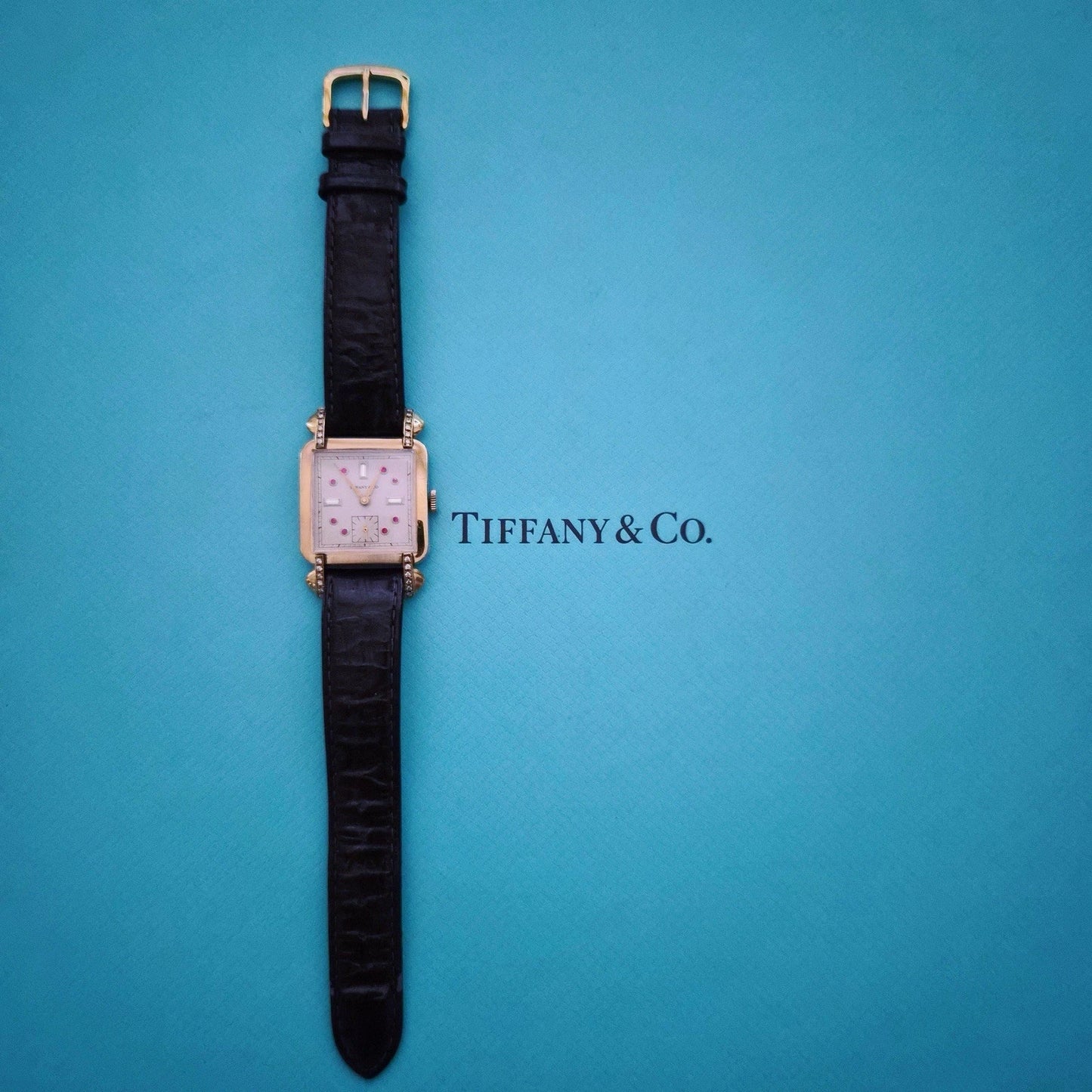 Vintage Tiffany & Co. Square Watch Ruby Diamond Dial Manual Winding Circa 1950