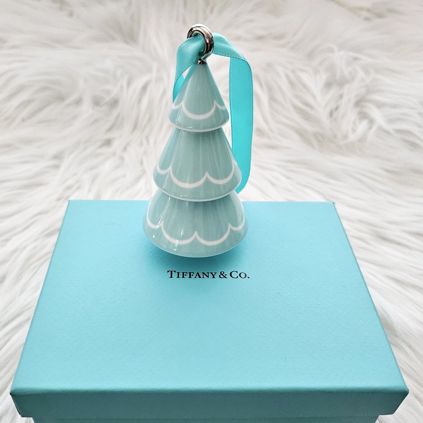 RETIRED Tiffany & Co. Chrismas Tree Blue White Holiday Ornament Bone China