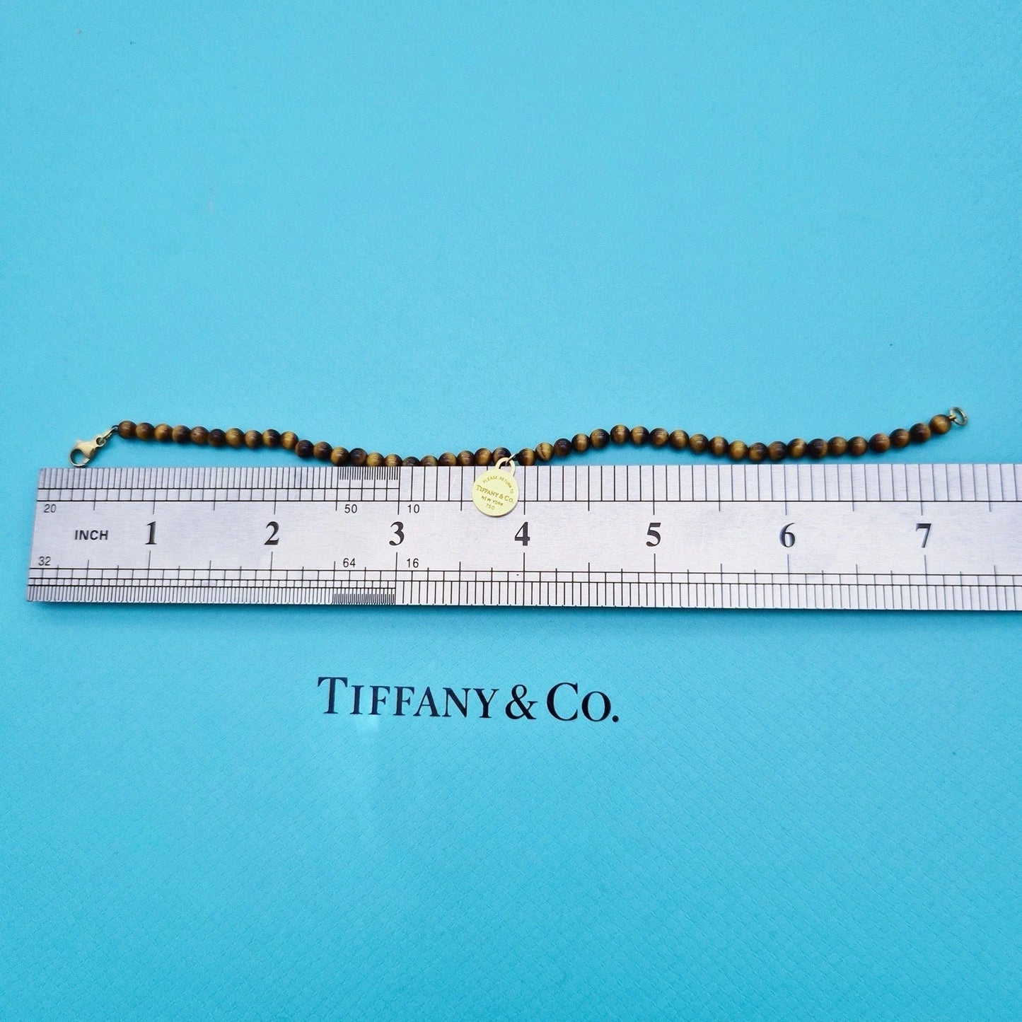 RARE Tiffany & Co. 18K Gold 4mm Tiger Eye Bead Bracelet Return To Tiffany Tag