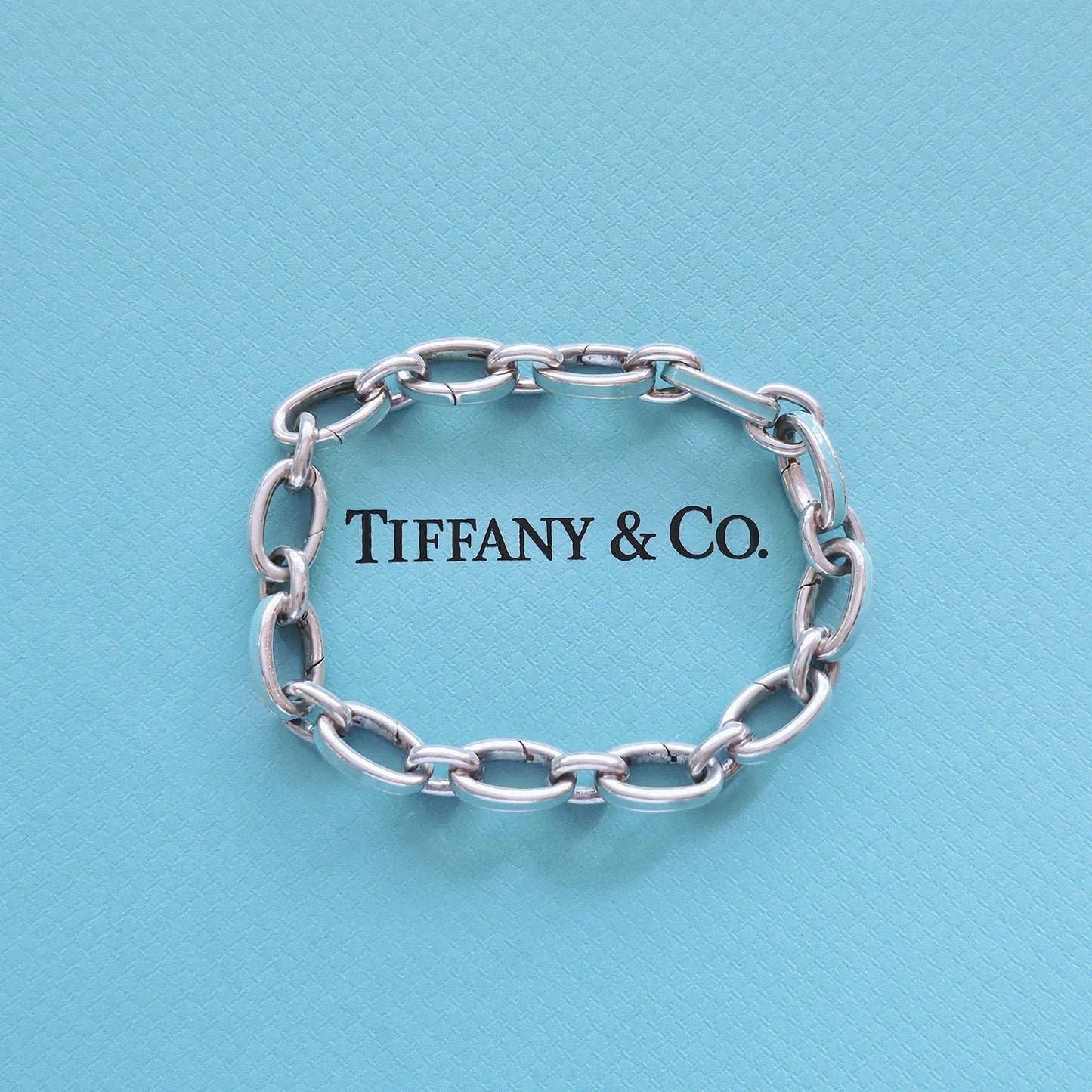 RARE Tiffany & Co Blue Enamel Clasping Oval Link Bracelet Sterling Silver 7.5"